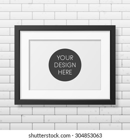 Realistic black frame A4 on the brick wall background. It can be used for presentations. Vector EPS10 illustration. 