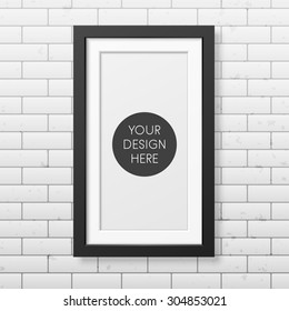 Realistic black frame on the brick wall background. It can be used for presentations. Vector EPS10 illustration. 