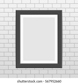 Realistic black frame on white brick wall. Modern template for your presentations. Dark Wooden Frame with white copy space. Vector illustration EPS 10.