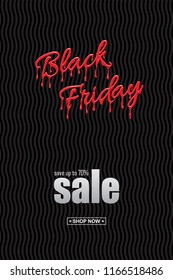 Realistic Black Friday 3d lettering with red liquid droplets and discount text on black background. Vector design for sale banners and posters. Black Friday Sale vertical design template.