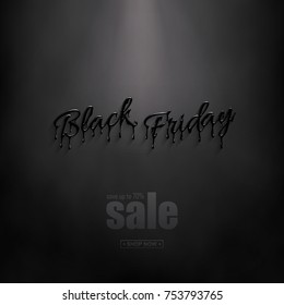Realistic Black Friday 3d lettering with black liquid droplets and discount text. Vector design for sale banners and posters. Black Friday Sale design template. 