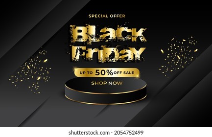 Realistic black friday background with podium and confetti