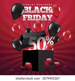 realistic black friday balloons gift box vector design illustration