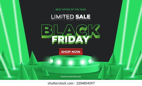 Realistic Black Friday Limited Sale Banner with Green Neon