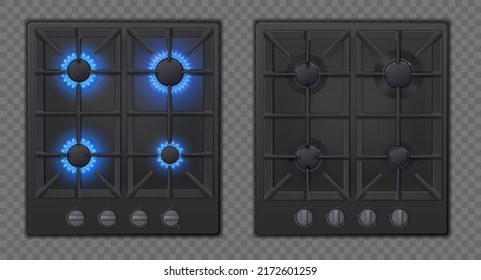 Realistic black gas stove top view. Realistic kitchen appliance set. 3D oven with on and off burners. Modern household equipment for cooking meal. Propane butane blue flame in cooking oven.