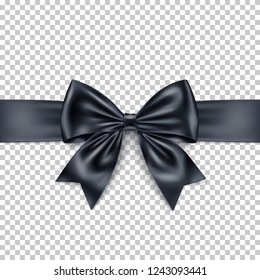 Realistic black gift bow and ribbon isolated on transparent background. Detailed decoration elements for Christmas, birthday, Valentine’s Day, Women’s, Mothers’ Day, and other celebrations.