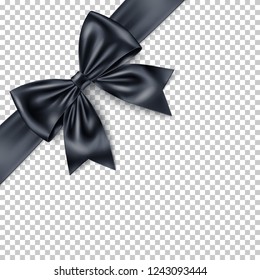 Realistic black gift bow and ribbon isolated on transparent background. Detailed decoration elements for Christmas, birthday, Valentine’s Day, Women’s, Mothers’ Day, and other celebrations.