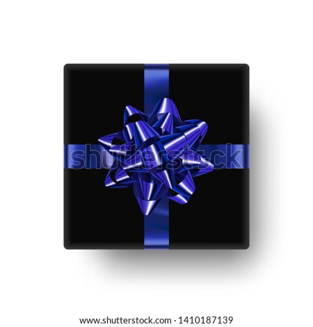 Realistic black gift box with blue bow star shape. Vector clipart gift box for decoration festive banner, poster, card and more.