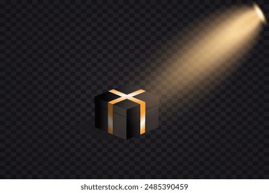Realistic black gift box with lighting, spotlight. Box with gold ribbons, on a dark background. Horizontal banner, poster, website header. vector illustration