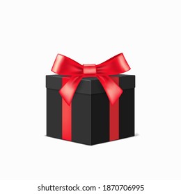 Realistic black gift box with red ribbons over white background. Christmas design vector illustration
