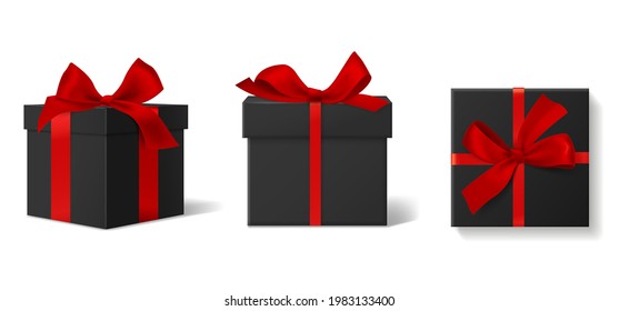 Realistic black gift boxes. 3d luxury dark boxes with red ribbons and bows, different angles view, closed cardboard wrapping containers, holiday surprise packaging, vector isolated set