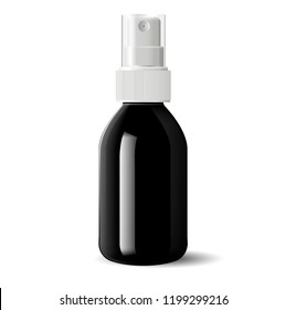 Realistic black glossy glass or plastic Cosmetic bottle can sprayer container. Dispenser cockup template for cream, soups, and other cosmetics or medical products. Vector illustration.