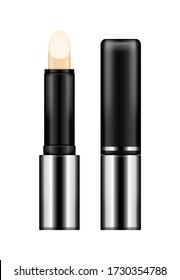 Realistic black glossy silver lipstick tube mockup isolated on white background with cap. Plastic package design. Blank cosmetic and skin care template. 3d vector illustration