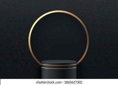 Realistic black, gold 3D cylinder stand podium with luxury golden ring background. Vector abstrac room with geometric form. Minimal scene for mockup products showcase, Black friday promotion display.