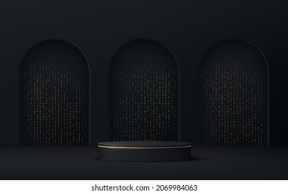 Realistic black and gold 3D cylinder pedestal podium with golden glitter in window. Vector abstract studio room with geometric platform. Luxury minimal scene for products showcase, Promotion display.