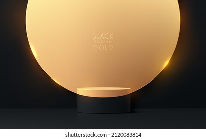 Realistic black and gold 3D cylinder pedestal podium with luxury golden circle background. Minimal scene for products showcase, Stage promotion display. Vector abstract studio room platform design.