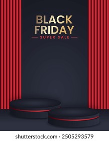 Realistic black and gold 3D cylinder pedestal podium set. Vector abstract studio room. Black friday minimal scene for products showcase, Promotion display.