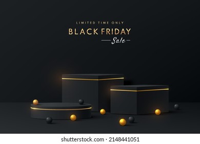 Realistic black, golden 3D cube and cylinder pedestal podium set in dark abstract room. Minimal scene for black friday sale, Mockup products, Stage showcase, promotion display. Vector geometric forms.