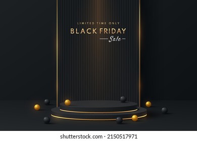 Realistic black, golden 3D cylinder pedestal podium in abstract room with beads balls. Minimal scene for black friday sale, Mockup products, Stage showcase, promotion display. Vector geometric forms.