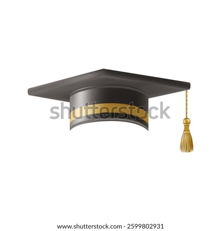 Realistic Black graduate cap. 3D Graduation Doctoral hat. PhD Academic mortarboard. Student degree board. Vector illustration.