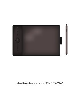 Realistic Black Graphic Pen Tablet with pen on white background. Vector illustration.