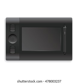 Realistic Black Graphic Pen Tablet for Illustrator and Designer Vector Illustration on White Background