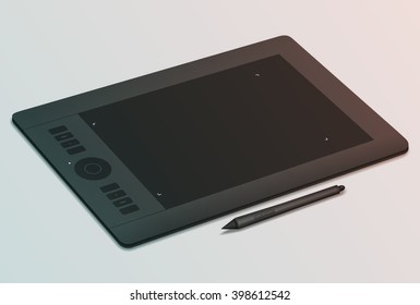 Realistic black graphic tablet and stylus nearby. Tool for creativity. Modern device for graphic design. Tinting effect