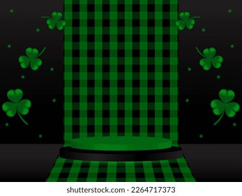 Realistic black and green 3D cylinder pedestal podium on checkered background with clover leaf around it. Minimal stage for product demonstration, advertising display