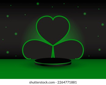 Realistic black and green 3D cylinder pedestal podium with a clover leaf in the background. Minimal stage for product demonstration, advertising display. Vector abstract design studio room platform 