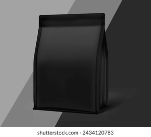 Realistic black gusset bag on different  background for sports nutrition. Half side view. Vector illustration. Can be use for template your design, presentation, promo, ad. EPS 10.