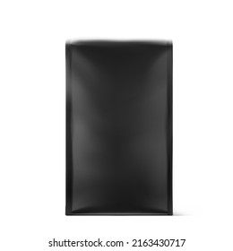 Realistic black gusseted bag mockup. Front view. Vector illustration isolated on white background. Perfect for your design, presentation, promo, ad. EPS10.	
