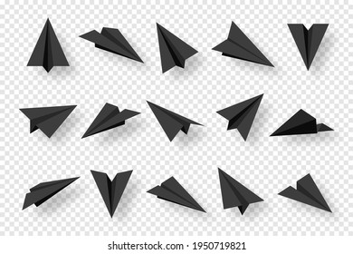 Realistic black handmade paper planes isolated on transparent background. Origami aircraft in flat style. Vector illustration.