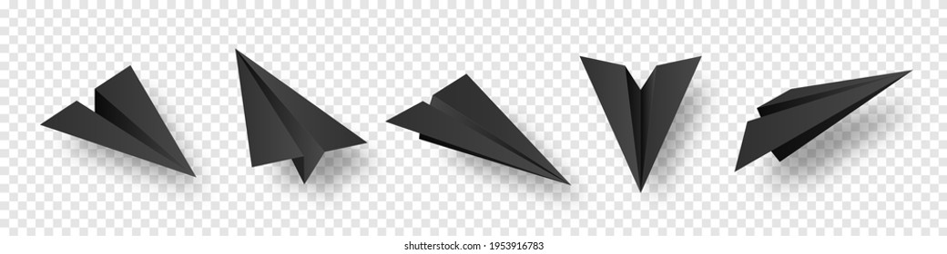Realistic black handmade paper planes isolated on transparent background. Origami aircraft in flat style. Vector illustration.