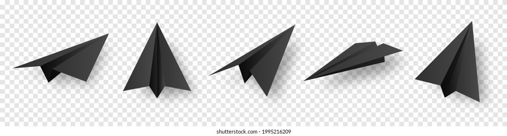 Realistic black handmade paper planes isolated on transparent background. Origami aircraft in flat style. Vector illustration.