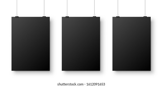 Realistic black hanging blank paper sheet with shadow in A4 format and paper clip, binder on white background. Design poster, template or mockup. Vector illustration.