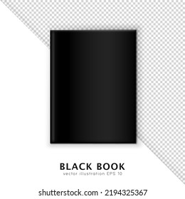 Realistic black hardcover book isolated on white and transparent background. 3D album template. Mockup of blank textbook, diary, brochure, magazine, encyclopedia, etc. Layout design for your branding 