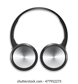 Realistic Black Headset Device, Top View with White Background