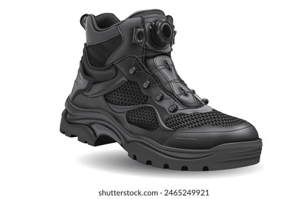 Realistic black hiking shoe leather rubber fabric on white design for men vector illustration.