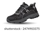 Realistic black hiking shoe safety rubber fabric on white design for men vector illustration.