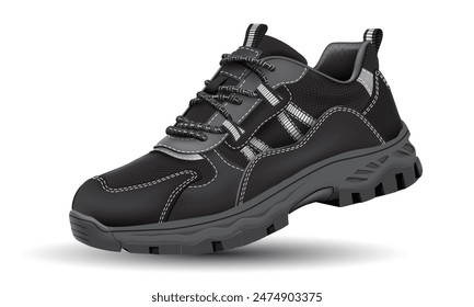 Realistisches schwarzes Wanderschuh Sicherheits-Gummi-Gewebe auf weißem Design für Männer Vektorillustration.