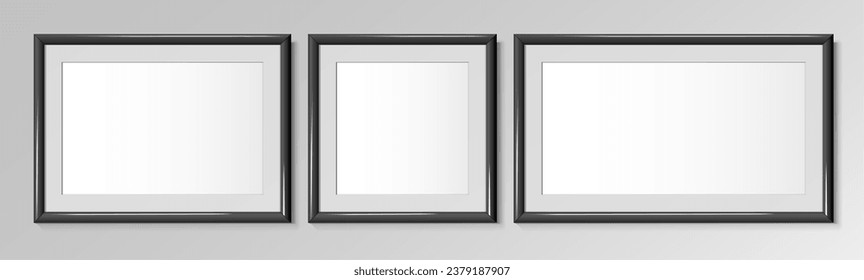 Realistic Black horizontal and square frames. For an image or photo. Posters on wall. Frames Design Template for Mockup. Vector illustration