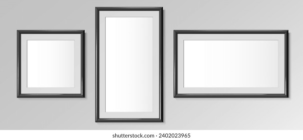 Realistic Black horizontal and square frames. For an image or photo. Posters on wall. Frames Design Template for Mockup. Vector illustration