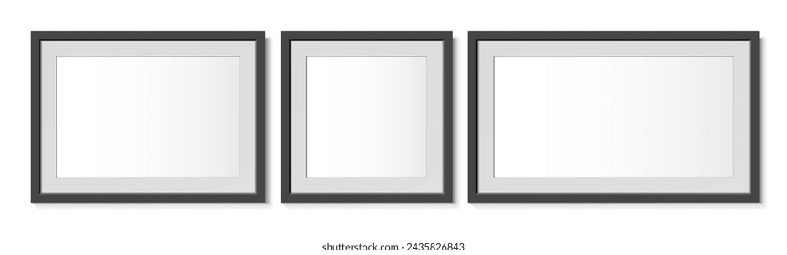 Realistic Black horizontal and square frames. For an image or photo. Posters on wall. Frames Design Template for Mockup. Vector illustration