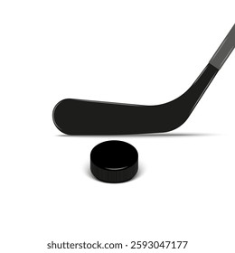 Realistic black ice hockey stick and detailed puck isolated white background close-up, sports equipment for ice hockey 3d vector, professional game accessories, winter sport gear.