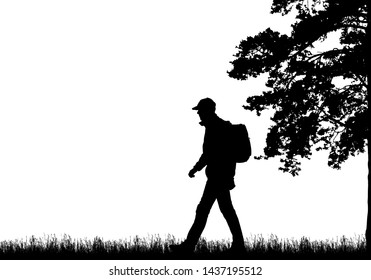 Realistic black illustration of walking tourist with backpack, grass and high tree. Isolated on white background, with space for text - vector