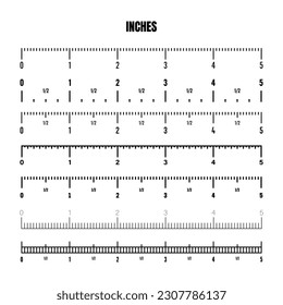 Realistic black inch scale for measuring length or height. Various measurement scales with divisions. Ruler, tape measure marks, size indicators. Vector illustration