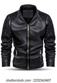 Realistic black jacket leather for men on white background vector illustration.