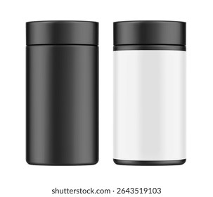 Realistic black jar mockup with sample. Vector illustration isolated on white background. Can be use for your design, advertising, promo and etc. EPS10.	