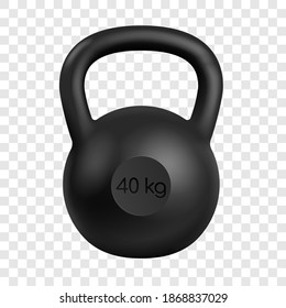 Realistic black kettlebell of 40 kilograms isolated on transparent background. 3d equipment for bodybuilding and workout. Vector illustration