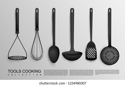 Realistic black kitchen tools collection with potato masher whisk spoon ladle spatula and skimmer isolated vector illustration